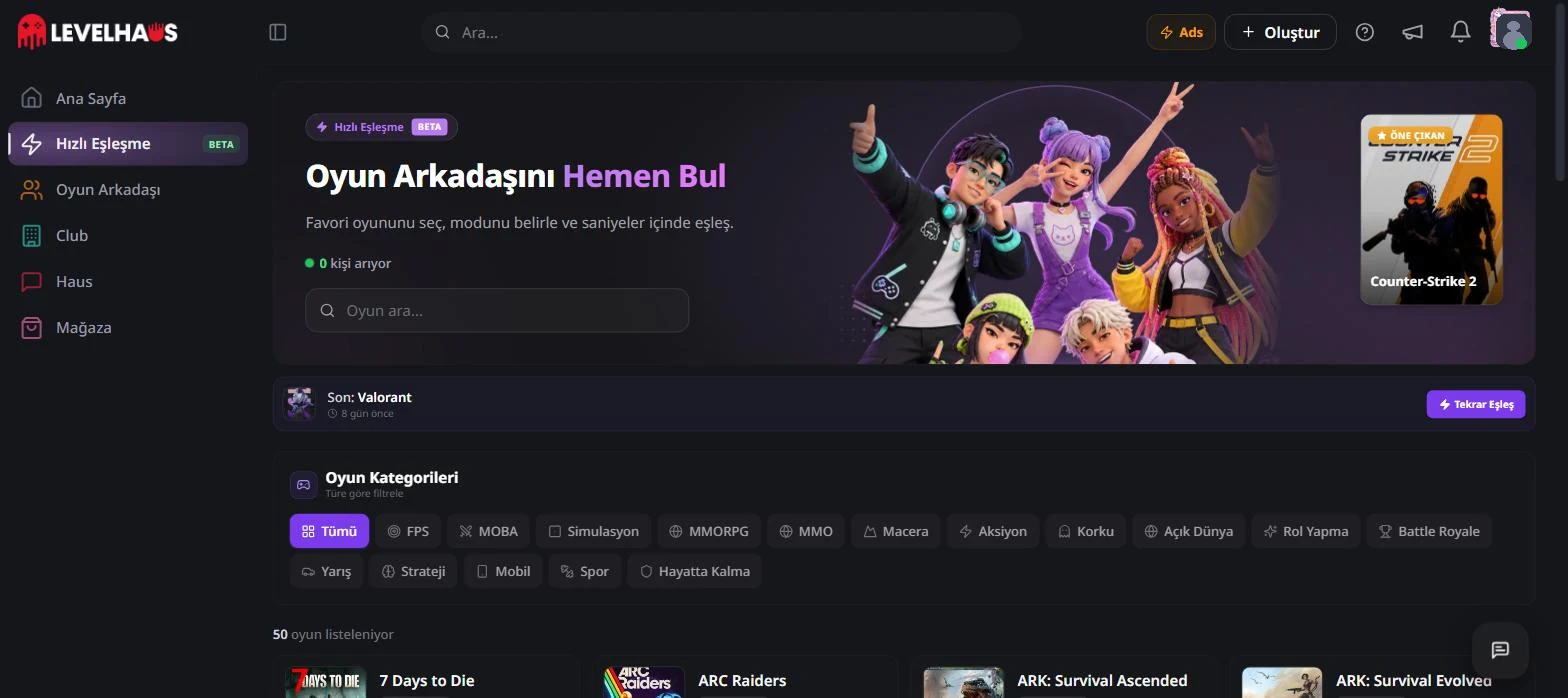 LevelHaus — Hızlı Eşleşme ekranı